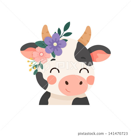 Cute smiling cow with a floral crown, illustrated in a charming flat vector style. Adorable farm animal character isolated on white background for nursery decor. Cute smiling cow with a floral crown, illustrated in a charming flat vector style. Adorable farm animal character isolated on white background for nursery decor. 141470723