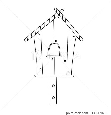 Wooden birdhouse on a post linear vector illustration, cute hand drawn nesting box with striped roof for spring garden design and coloring pages, simple black and white outline doodle isolated element Wooden birdhouse on a post linear vector illustration, cute hand drawn nesting box with striped roof for spring garden design and coloring pages, simple black and white outline doodle isolated element 141470739