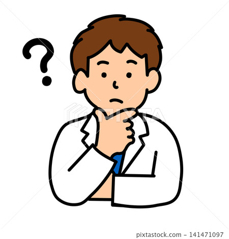An illustration (hand-drawn) of a male doctor deep in thought or with a question in mind. 141471097