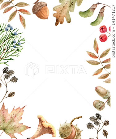 Autumn frame with leaves, berries, acorns, and mushrooms. Autumn botanical frame for invitation card design.  141471217
