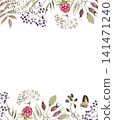 A watercolor frame featuring forest plants, raspberries, and berries.  141471240