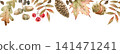 Decorative autumn border with leaves, acorns, pine cones, and berries. Botanical border design for a Thanksgiving greeting card.  141471241