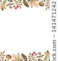 Watercolor autumn frame with leaves, acorns, pine cones, and berries.  141471242
