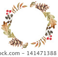 Autumn round frame with leaves, berries, acorns, and pine cones. Autumn botanical holiday decor for invitation cards.  141471388