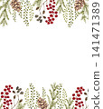 A watercolor Christmas frame with pine branches, pine cones, and red berries.  141471389