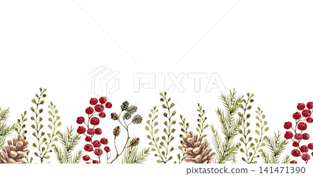 A Christmas border illustration in watercolor, featuring pine branches, pine cones, and red berries. A Christmas border illustration in watercolor, featuring pine branches, pine cones, and red berries. 141471390