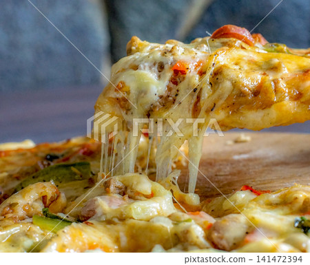 Close Up of Cheese Pull Pizza Slice with Melted Mozzarella and Fresh Toppings, Hot Italian Pizza, Comfort Food, Restaurant Menu, Fast Food, Delicious Pizza Photography Close Up of Cheese Pull Pizza Slice with Melted Mozzarella and Fresh Toppings, Hot Italian Pizza, Comfort Food, Restaurant Menu, Fast Food, Delicious Pizza Photography 141472394