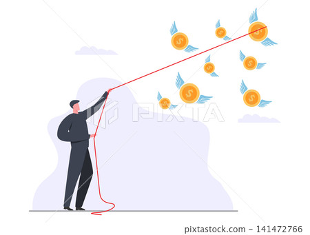 man holding tight to a red string connected to flying gold coins man holding tight to a red string connected to flying gold coins 141472766