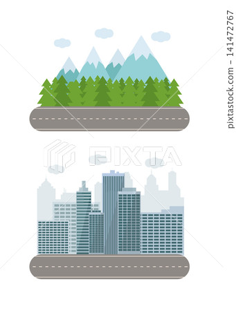 mountain forest road and urban city skyscraper landscape illustration mountain forest road and urban city skyscraper landscape illustration 141472767