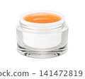 Open glass cosmetic jar mockup with orange gel moisturizer cream for skin care packaging design 141472819