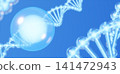 A 3D illustration of DNA and a transparent sphere, representing cellular-level anti-aging care and beauty ingredients. (Landscape orientation) 141472943