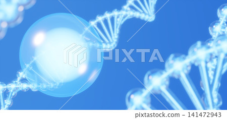 DNA 的 3D 插圖和一個透明球體,代表細胞層面的抗衰老護理和美容成分。 (橫向) DNA 的 3D 插圖和一個透明球體,代表細胞層面的抗衰老護理和美容成分。 (橫向) 141472943