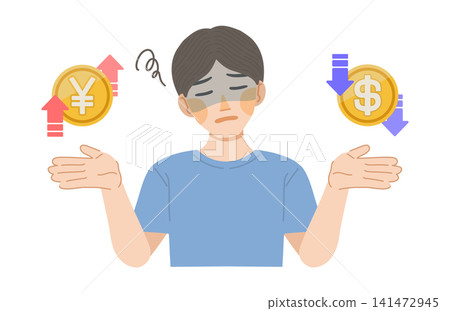 An illustration of a man saddened by the strong yen and weak dollar. An illustration of a man saddened by the strong yen and weak dollar. 141472945