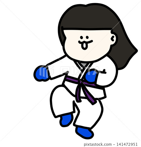 一幅插圖,描繪了一位身穿武術服的年輕女子優雅地躲避攻擊,她戴著藍色手套,並繫著紫色腰帶。 一幅插圖,描繪了一位身穿武術服的年輕女子優雅地躲避攻擊,她戴著藍色手套,並繫著紫色腰帶。 141472951