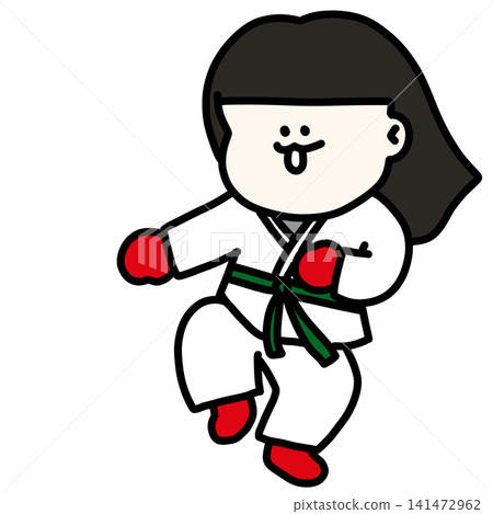 Illustration of a female student energetically participating in sports while wearing a martial arts uniform. Red gloves, green belt. Illustration of a female student energetically participating in sports while wearing a martial arts uniform. Red gloves, green belt. 141472962