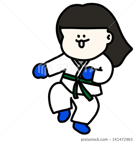 插圖描繪了一位女學生身穿武術服,精神抖擻地參與體育運動。她戴著紅色手套,繫著綠色腰帶。 插圖描繪了一位女學生身穿武術服,精神抖擻地參與體育運動。她戴著紅色手套,繫著綠色腰帶。 141472963
