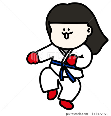 An illustration of a young female taekwondo athlete in a gi, gracefully dodging attacks, wearing blue gloves and a blue belt. An illustration of a young female taekwondo athlete in a gi, gracefully dodging attacks, wearing blue gloves and a blue belt. 141472970