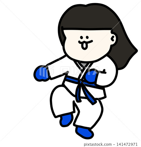 An illustration of a young female taekwondo athlete in a gi, gracefully dodging attacks, wearing blue gloves and a blue belt. An illustration of a young female taekwondo athlete in a gi, gracefully dodging attacks, wearing blue gloves and a blue belt. 141472971