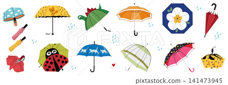 Vector Umbrella Collection with Cute Kids, Folding, Transparent and Classic Rain Umbrellas Vector Umbrella Collection with Cute Kids, Folding, Transparent and Classic Rain Umbrellas 141473945