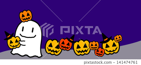 Cute hand-drawn style frame with Halloween motifs, a parade of ghosts Cute hand-drawn style frame with Halloween motifs, a parade of ghosts 141474761