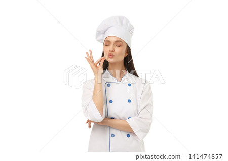 Chef expresses satisfaction with a delicious dish, isolated on white, PNG Chef expresses satisfaction with a delicious dish, isolated on white, PNG 141474857
