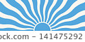 Blue groovy boho sun burst background. Retro radial sunshine beam backdrop. Abstract summer wavy ray wallpaper. Sunrise or sunset patten for creative poster, vibrant banner, trendy flyer. Vector 141475292