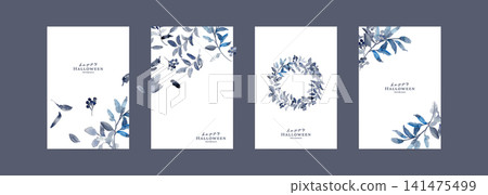 Watercolor Botanical Frame Set - Halloween Design: Blue-Gray Plants, Wreaths, Cards, and Background Materials Watercolor Botanical Frame Set - Halloween Design: Blue-Gray Plants, Wreaths, Cards, and Background Materials 141475499