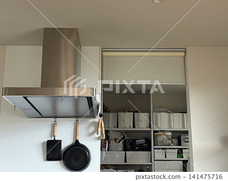 Kitchen pantry storage shelves and cooking utensils Kitchen pantry storage shelves and cooking utensils 141475716