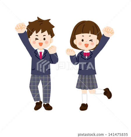 A student in a blazer uniform makes a victory pose. A student in a blazer uniform makes a victory pose. 141475835
