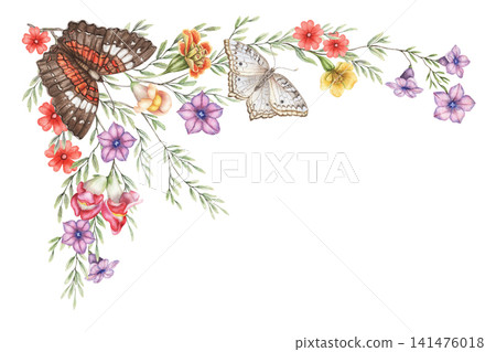 Summer corner composition with butterfly and wildflowers watercolor art. Hand drawn colorful flower arrangement with snapdragon. Floral design for wedding invitation card. Botanical greeting template. Summer corner composition with butterfly and wildflowers watercolor art. Hand drawn colorful flower arrangement with snapdragon. Floral design for wedding invitation card. Botanical greeting template. 141476018