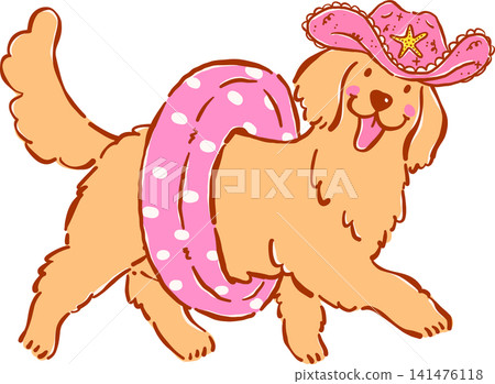 Groovy Cowboy Summer Dog Golden Retriever Wearing Cowboy Hat and Swim Ring, Whimsical Hand Drawn Cartoon Character Groovy Cowboy Summer Dog Golden Retriever Wearing Cowboy Hat and Swim Ring, Whimsical Hand Drawn Cartoon Character 141476118