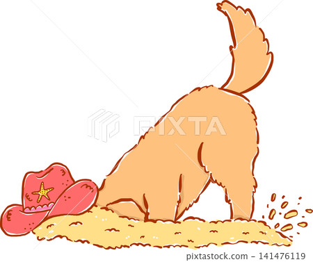 Groovy Cowboy Summer Dog Golden Retriever Digging Sand with Hat, Whimsical Hand Drawn Cartoon Character Groovy Cowboy Summer Dog Golden Retriever Digging Sand with Hat, Whimsical Hand Drawn Cartoon Character 141476119