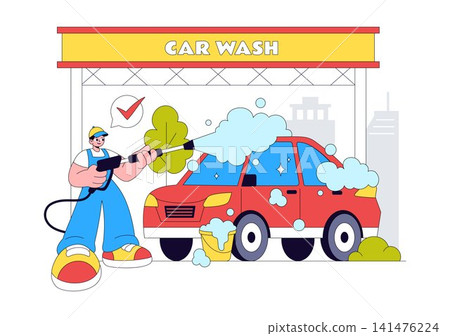 Car Wash Vector Illustration Featuring Professional Vehicle Cleaning Service, Automatic Washing Station, Foam Cleaning, Car Care, and Transportation 141476224