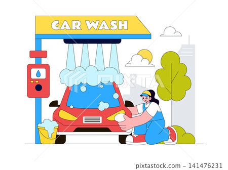 Car Wash Vector Illustration Featuring Professional Vehicle Cleaning Service, Automatic Washing Station, Foam Cleaning, Car Care, and Transportation Car Wash Vector Illustration Featuring Professional Vehicle Cleaning Service, Automatic Washing Station, Foam Cleaning, Car Care, and Transportation 141476231