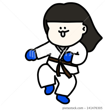 An illustration of a young woman in a martial arts uniform striking a playful pose, wearing blue gloves and a brown belt. 141476305