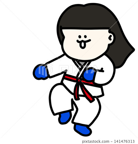 An illustration of a female student energetically participating in sports while wearing a martial arts uniform, with blue gloves and a red belt. 141476313