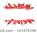 Watercolor red chili peppers pods, gold rectangular frame on isolated white background. Spice ingredient, hot chilli condiment. Hand drawn spicy vegetables for food label template, sauces, recipe. 141476346