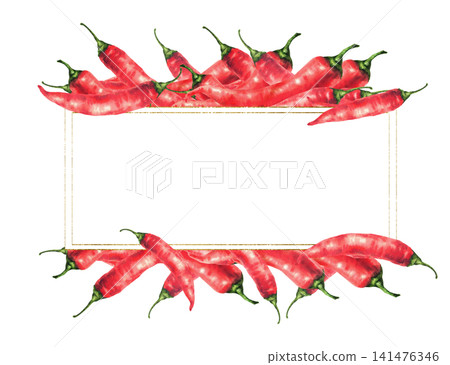 Watercolor red chili peppers pods, gold rectangular frame on isolated white background. Spice ingredient, hot chilli condiment. Hand drawn spicy vegetables for food label template, sauces, recipe. Watercolor red chili peppers pods, gold rectangular frame on isolated white background. Spice ingredient, hot chilli condiment. Hand drawn spicy vegetables for food label template, sauces, recipe. 141476346