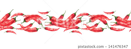 Watercolor chili pepper seamless border. Red whole vegetables pods with stem. Hot spice realistic painting seasoning for food, kitchen fabric print on Isolated pastel green background illustration Watercolor chili pepper seamless border. Red whole vegetables pods with stem. Hot spice realistic painting seasoning for food, kitchen fabric print on Isolated pastel green background illustration 141476347