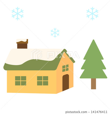 An illustration of a house, trees, and snowflakes covered in snow. 141476411