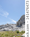 A breathtaking view of white limestone rock formations and a clear blue sky on Shirasaki Coast. 141476473