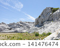 Under a clear blue sky, the limestone formations and natural landscape of Shirasaki Coast unfold dynamically. 141476474