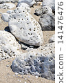A vertical composition capturing the texture of perforated limestone and sandy beach. 141476476