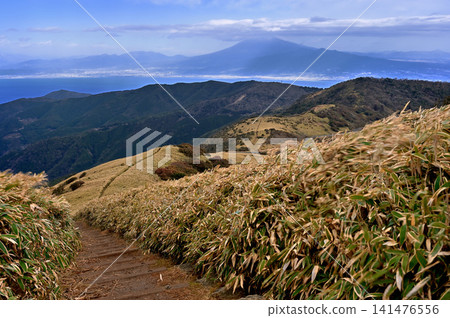 伊豆半島上的伊豆山脊步道;草地上的達摩山;雲霧繚繞的富士山。 伊豆半島上的伊豆山脊步道;草地上的達摩山;雲霧繚繞的富士山。 141476556