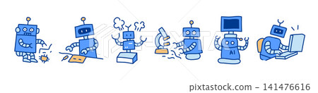 Broken AI robot doodle set for error page. It includes bug report, mistake, error, malfunction, and something went wrong vector illustrations. Broken AI robot doodle set for error page. It includes bug report, mistake, error, malfunction, and something went wrong vector illustrations. 141476616