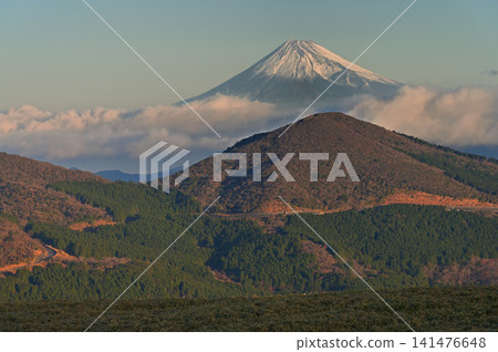 清晨,從伊豆半島伊豆山脊步道上的仁名峠展望台可以看到富士山和玉井山。 清晨,從伊豆半島伊豆山脊步道上的仁名峠展望台可以看到富士山和玉井山。 141476648