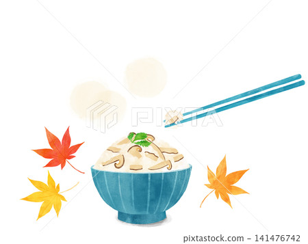 一幅水彩插畫，描繪了新鮮烹製的松茸飯和秋葉。 141476742