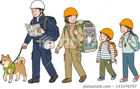Evacuating with pets (dogs and cats), or a family of four participating in an evacuation drill. Evacuating with pets (dogs and cats), or a family of four participating in an evacuation drill. 141476747