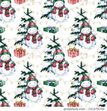 Seamless pattern of cute snowmen, Christmas trees, and gifts. Hand-drawn watercolor illustration. Perfect for Christmas packaging, seasonal holiday prints, textiles, wallpaper, tablecloths, and more. Seamless pattern of cute snowmen, Christmas trees, and gifts. Hand-drawn watercolor illustration. Perfect for Christmas packaging, seasonal holiday prints, textiles, wallpaper, tablecloths, and more. 141476748