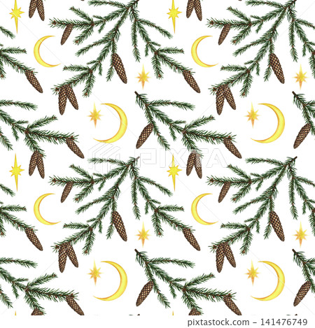 Seamless pattern of fir branches with cones, stars, and a moon. Hand-drawn watercolor illustration. Perfect for Christmas packaging, seasonal holiday prints, textiles, wallpaper, tablecloths and more. 141476749